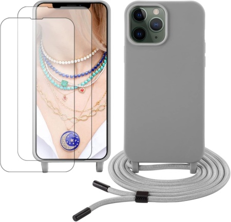 Set husa cu snur si 2 folii de protectie pentru iPhone 13 Pro Gumo, TPU/poliester/sticla securizata, gri deschis/transparent, 6,1 inchi