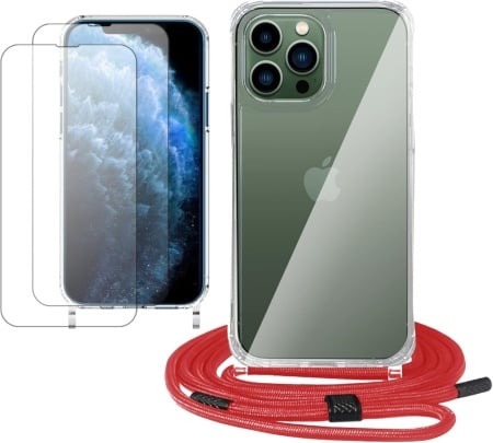 Set husa cu snur si 2 folii de protectie pentru iPhone 13 Pro Gumo, TPU/poliester/sticla securizata, rosu/transparent, 6,1 inchi