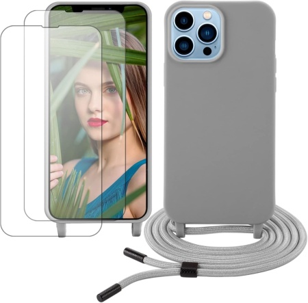 Set husa cu snur si 2 folii de protectie pentru iPhone 13 Pro Max Gumo, TPU/poliester/sticla securizata, gri deschis/transparent, 6,7 inchi