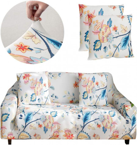 Set husa elastica pentru canapea si o husa perna Bikuer, model floral, poliester/spandex, multicolor, 137 x 165 cm