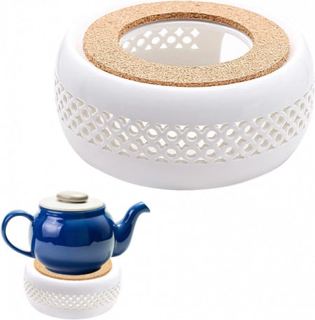 Suport incalzitor pentru ceainic Tulebolian, ceramica/pluta, alb, 6 x 14 cm