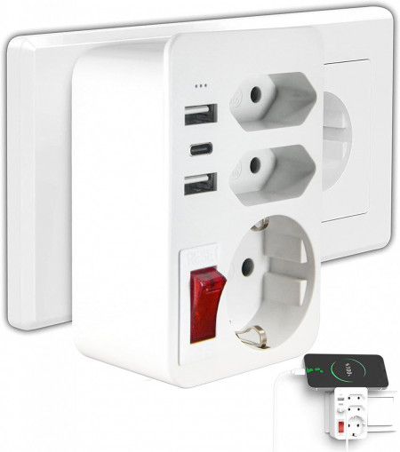 Adaptor pentru priza DELEE, cu 3 prize, 2 USB-uri si un USB C, metal/plastic, alb/rosu, 4000W