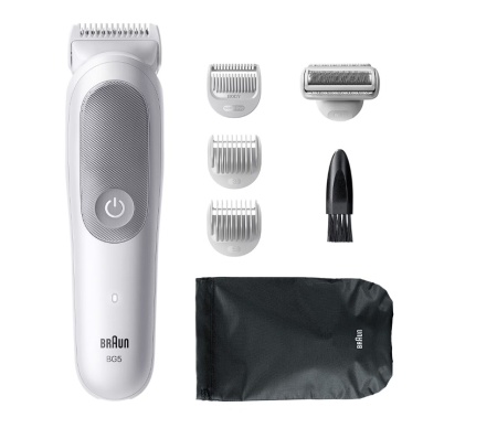 Aparat de ingrijire corporala Braun Seria 5 BG5550, +6 Accesorii de ingrijire: 3 Piepteni, 1 Cap de ras, 1 Saculet, 1 Perie de curatare, Tehnologie SkinGuard, Delicat pentru zone sensibile, Autonomie 100 minute, Rezistent La Apa, Resigilat, Grad A
