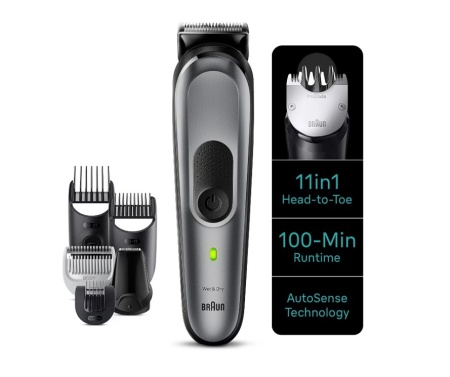 Aparat de tuns multifunctional Braun MGK7440, Wet&Dry, AutoSense, 11-in-1, autonomie 100 minute, geanta, Gri, Resigilat, Grad A