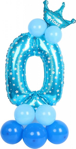 Balon aniversar PARTY GO, cifra 0, folie/latex, alb/albastru, 65 cm