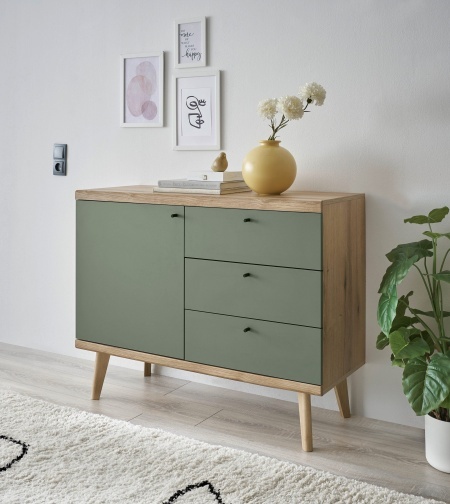 Comodă MAVAS – 107x40x83 cm, MDF/PAL Melaminat, 3 Sertare, 1 Ușă, Picioare Lemn Masiv