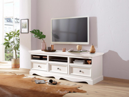Comoda TV Melissa din lemn masiv de pin/metal, alb, 160 x 50 x 55 cm - Img 1