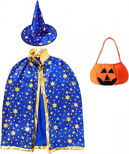 Costum de Halloween Hallojojo, 3 piese, poliester, albastru/auriu/portocaliu, potrivit pentru inaltimi de la 90 la 140 cm