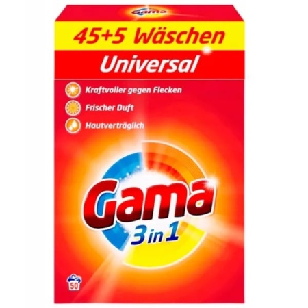 Detergent de rufe pudra Gama, Universal, 3in1, 3 kg, 50 spalari, Resigilat, Grad A