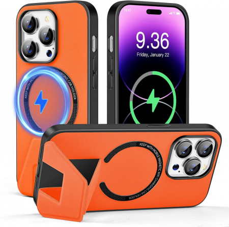 Husa magnetica pentru iPhone 14 MAX UNDEUX, piele PU, portocaliu, 6,7 inchi