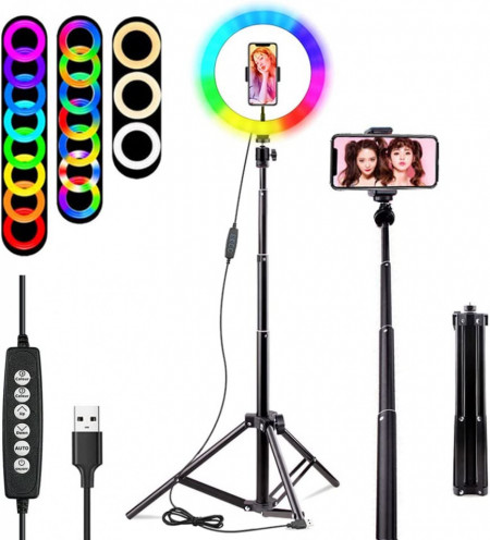 Lampa cu lumina inelara si trepied pentru fotografiere Feicuan, Bluetooth, USB, RGB, 26 cm - Img 1