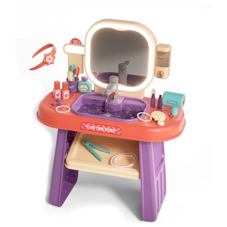 Masuta de Machiaj jucarie Rovo 959, Oglinda cu Lumini LED si Muzica, Robinet cu senzor, Dispenser Sapun, 23 piese