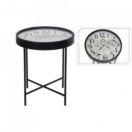 Masuta laterala cu ceas si harta, rotunda, metal/sticla, negru, 63 x 70 cm - Img 1
