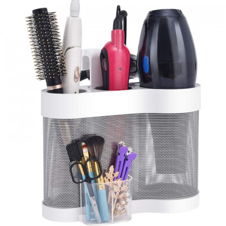 Organizator cu 6 compartimente pentru ondulator uscator de par si alte accesorii Kingrack, ABS/otel inoxidabil, alb/ argintiu,18 x 24 x 15 cm