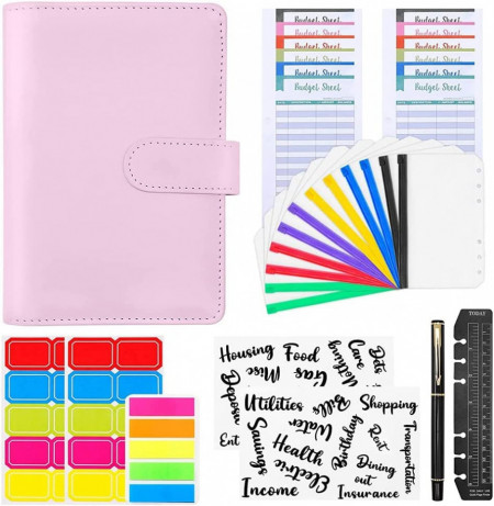 Planificator de buget cu plicuri si etichete Iycorish, PU/hartie/plastic, roz, 19 x 13 cm - Img 1