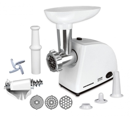 RESIGILAT – MASINA DE TOCAT HEINNER MG-W1200R, Putere 1360W, 1.5kg/min, Accesoriu rosii, Accesoriu carnati, Cutit inox, 3 site taiere, Alb