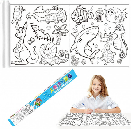 Rola de desen pentru copii JOKILY, hartie, model dinozauri, alb/negru, 89 x 29,5 cm