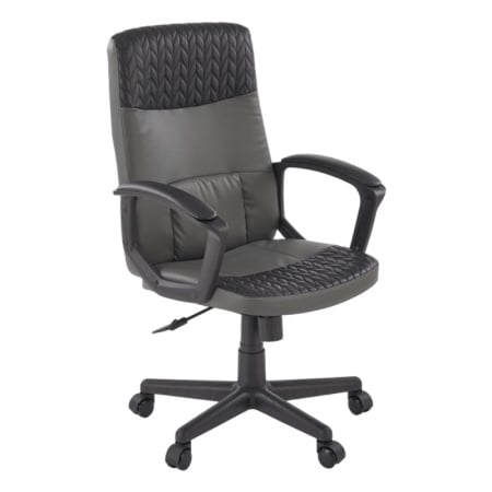 Scaun birou HM Bjorn, piele ecologica, mecanism balans, suport lombar, cotiere tapitate, sarcina maxima 90 kg, gri/negru
