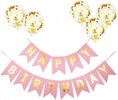 Set aniversar cu 1 banner si 5 baloane cu confetti DAIRF, latex/hartie, roz/alb/auriu, 47 cm / 20 x 16 cm - Img 1