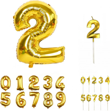 Set aniversar cu balon si lumanare pentru 2 ani REVIBOS, folie/ceara, auriu, 100 cm / 12,5 x 3,5 cm