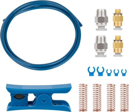 Set cablu teflon si conector pentru imprimanta 3D Creality, metal/plastic, albastru/auriu/argintiu