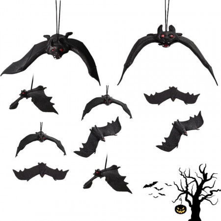 Set de 10 decoratiuni lilieci pentru Halloween, cauciuc, negru