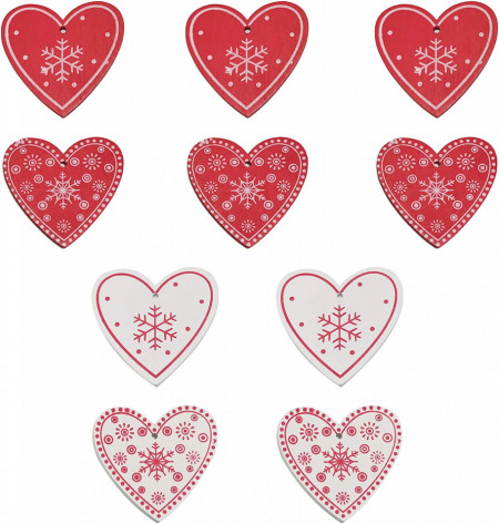 Set de 10 inimi HEIGOO, lemn, rosu/alb, 48 x 50 mm