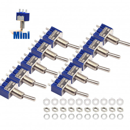 Set de 10 intrerupatoare SPDT VDSOW, AC, 125V 6A, ON-ON 3 pini 2 pozitii, metal/plastic, argintiu/albastru, 33 mm