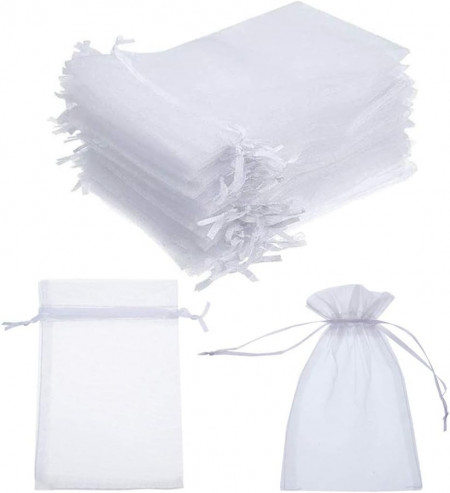 Set de 100 saculeti pentru cadouri Sinzau organza, alb, 10 X 15 cm