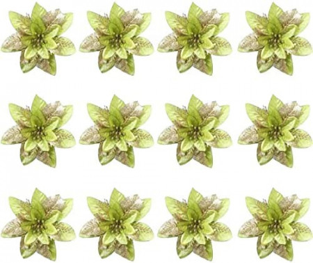 Set de 12 flori de Craciun Anyingkai, plastic, verde/auriu, 14 cm