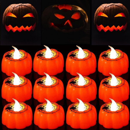 Set de 12 lumanari pentru Halloween Richonour, LED, plastic, portocaliu/negru, 6 x 6 cm