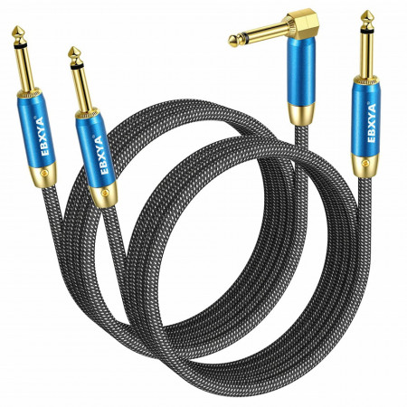 Set de 2 cabluri pentru chitara electrica 6,35 mm EBXYA, nailon/metal, gri/albastru/auriu, 3 m - Img 1
