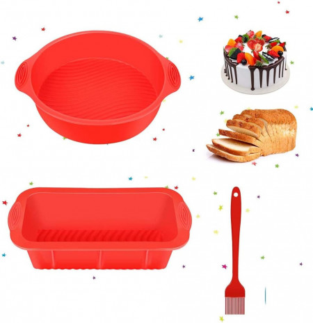 Set de 2 forme pentru prajituri si o pensula SIMUER, silicon, rosu