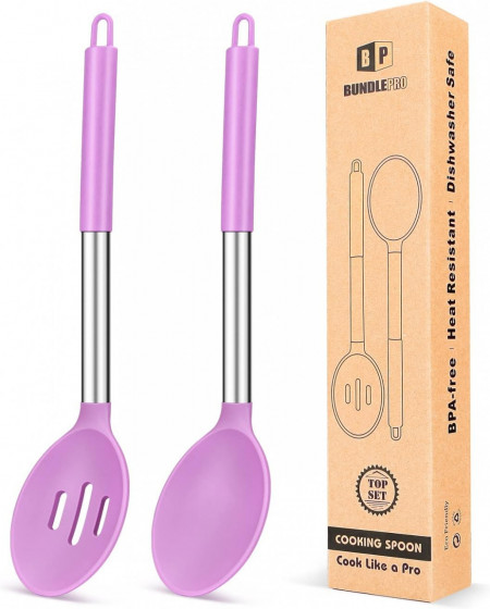 Set de 2 linguri pentru gatit Bundlepro, otel inoxidabil/silicon, argintiu/violet, 7 x 34 cm