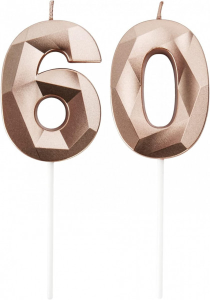 Set de 2 lumanari pentru aniversare 60 ani PARTY GO, model diamant, ceara, rose gold, 7 cm
