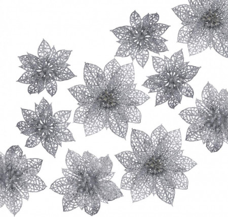 Set de 24 flori artificiale de Craciun Naler, plastic, argintiu, 8 / 10 /15 cm - Img 1