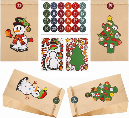 Set de 24 pungi si 48 stickere pentru calendarul de advent Tenwo, hartie/PVC, multicolor, 12 x 8 x 22 cm