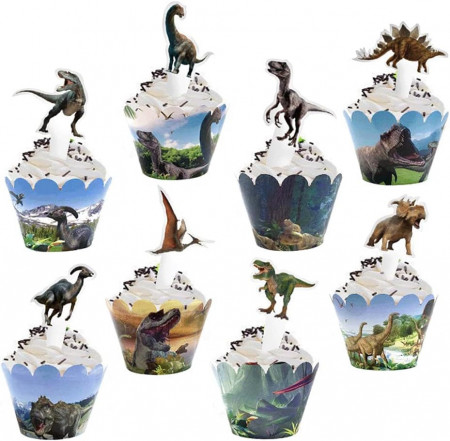 Set de 24 topere si 24 forme pentru prajituri model dinozaur Weiming, hartie, multicolor