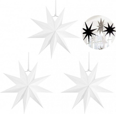 Set de 3 stele pentru Craciun Sunshine, alb, hartie, 30 x 30 cm