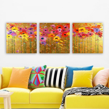Set de 3 tablouri Latitude Run, model floral, panza/lemn, multicolor, 30 x 90 cm