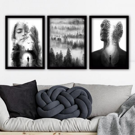 Set de 3 tablouri Lulu, lemn, alb/negru, 35 x 45 cm - Img 1