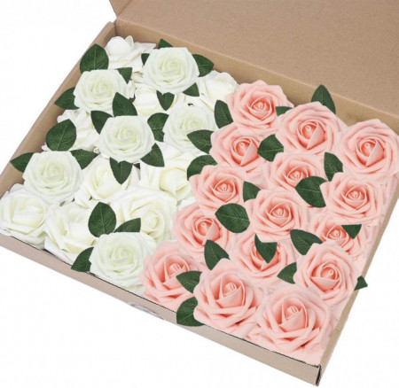 Set de 30 trandafiri artificiali EQLEF, spuma, fildes/roz, 28,5 x 20 cm