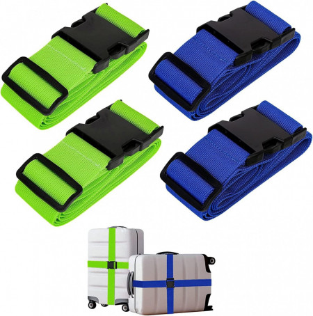 Set de 4 curele reglabile pentru bagaje Geananao, polipropilena, albastru/verde, 2 m x 5 cm