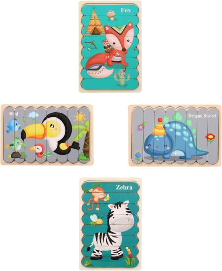 Set de 4 puzzle-uri Goomp, lemn, 8 modele, lemn, multicolor, +3 ani