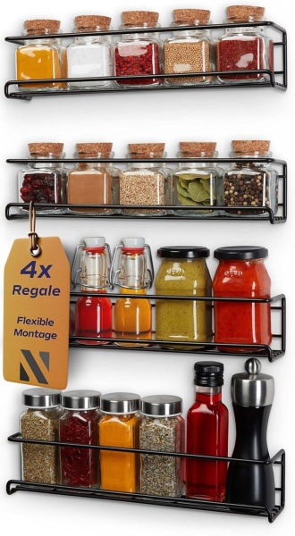 Set de 4 rafturi pentru condimente NOBRO, otel inoxidabil, negru, 30 x 6,6 x 6,6 cm