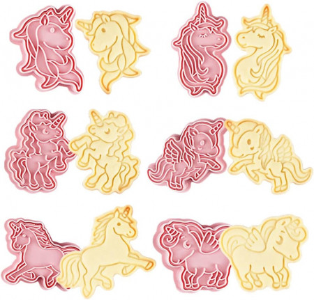 Set de 6 forme pentru prajituri Simmpu, model unicorni, silicon, roz