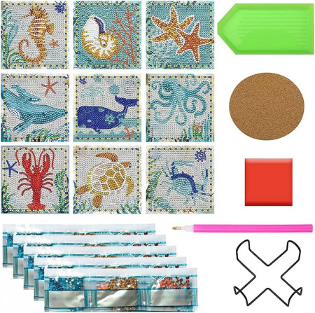Set de 9 coastere si suport pentru pictura cu diamante EVYIENEN, plastic/acril, multicolor, 12 x 8 cm