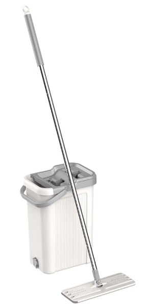 Set de curatenie Kring New Clear, 7.5L, galeata doua compartimente ( clatire + stoarcere), maner telescopic si mop plat + o rezerva, Alb/Gri, Resigilat, Grad A