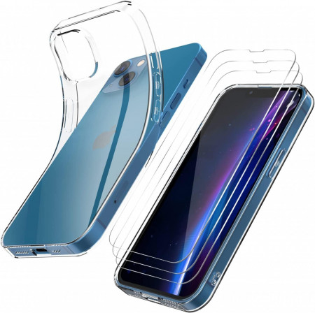 Set de husa si 3 folii de protectie pentru iPhone 14 Max, sticla securizata/silicon, transparent, 6,7 inchi