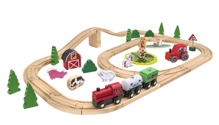 Set de joaca din lemn pentru copii, trenulet pe traseu cu sine, 1 vagon si 2 locomotive prindere magnetica, sine universale, 47 piese incluse, piese decor, animale si copaci, dimensiune traseu 69 x 42 cm